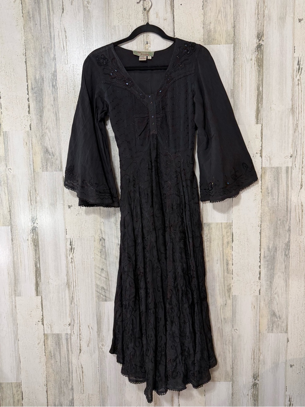 Butterfly Rayon Black Embroidered Maxi Dress Trumpet Sleeve - Picture 2 of 15